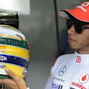 Lewis Hamilton with his Ayrton Senna-themed helmet at the Sao Paulo Grand Prix in 2011