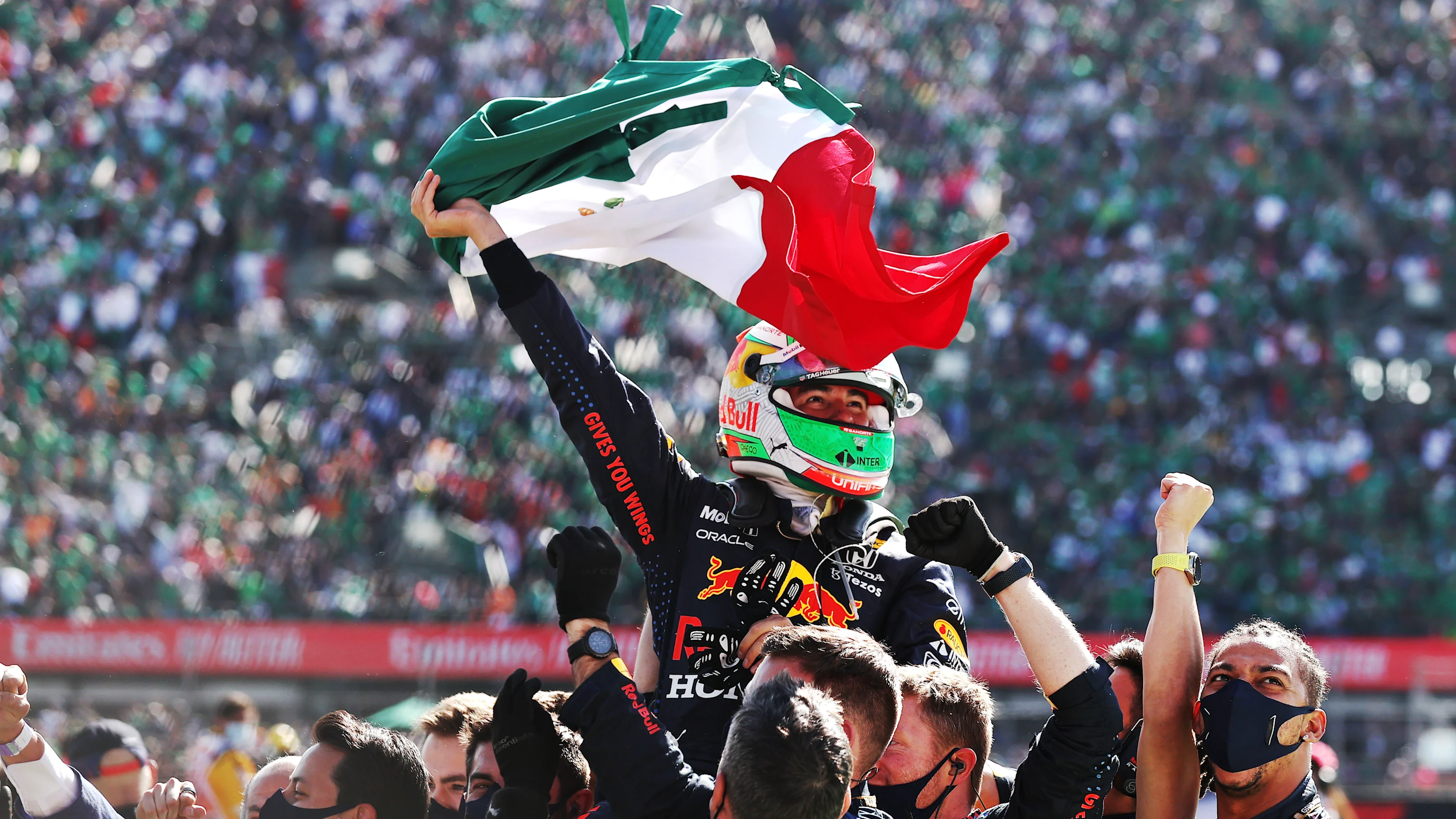 MEXICO CITY, MEXICO - NOVEMBER 07: Third placed Sergio Perez of Mexico and Red Bull Racing