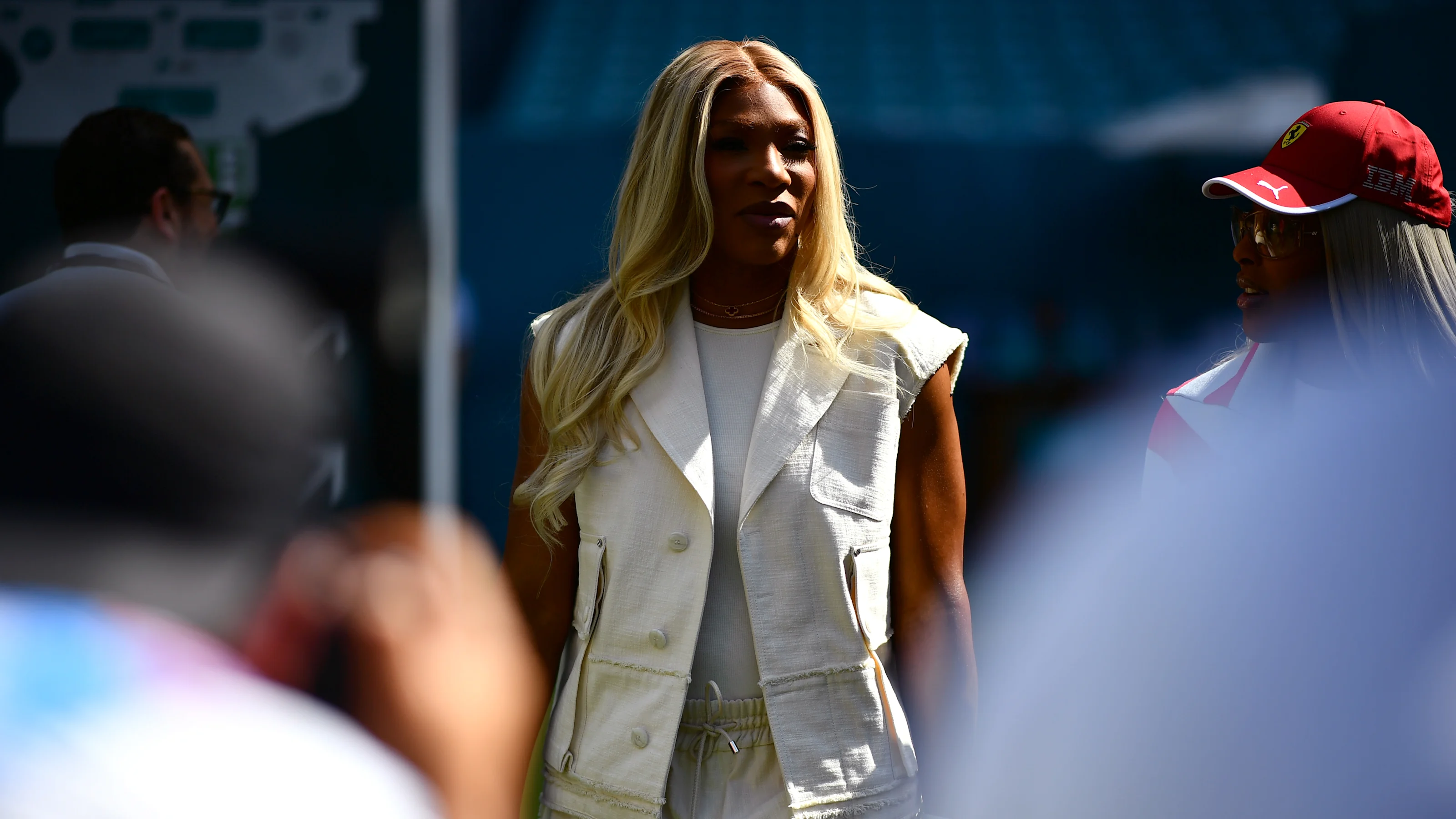 MIAMI, FLORIDA - MAY 01: Serena Williams arrives in the Paddock prior to practice ahead of the F1