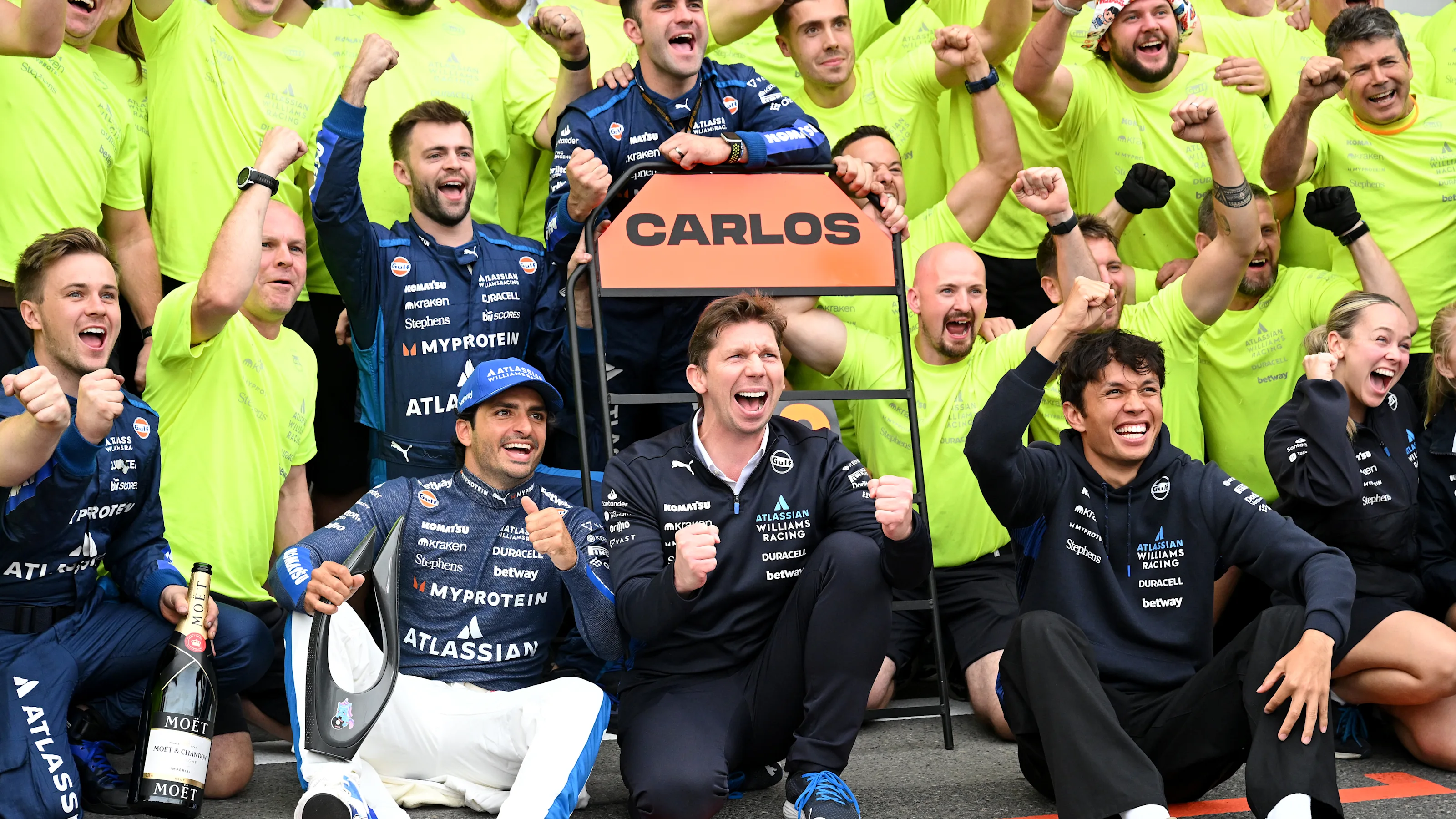 BAKU, AZERBAIJAN - SEPTEMBER 21: Third placed Carlos Sainz of Spain and Williams James Vowles, Team