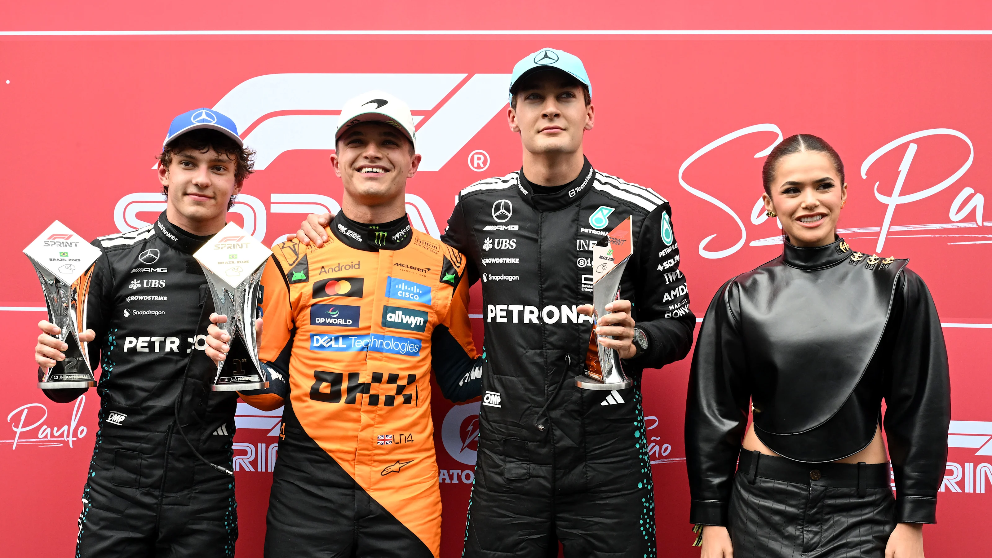 SAO PAULO, BRAZIL - NOVEMBER 08: Sprint winner Lando Norris of Great Britain and McLaren Second