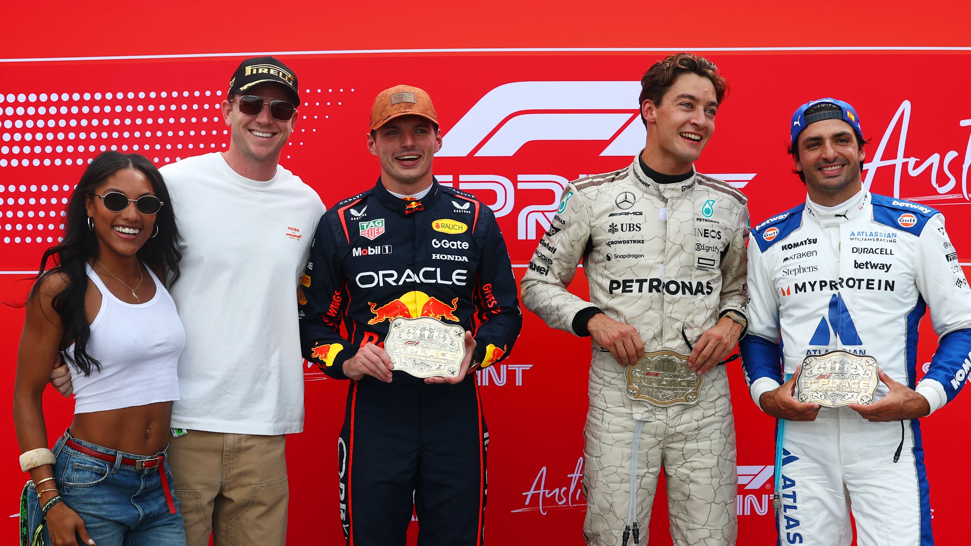AUSTIN, TEXAS - OCTOBER 18: Sprint winner Max Verstappen of the Netherlands and Oracle Red Bull