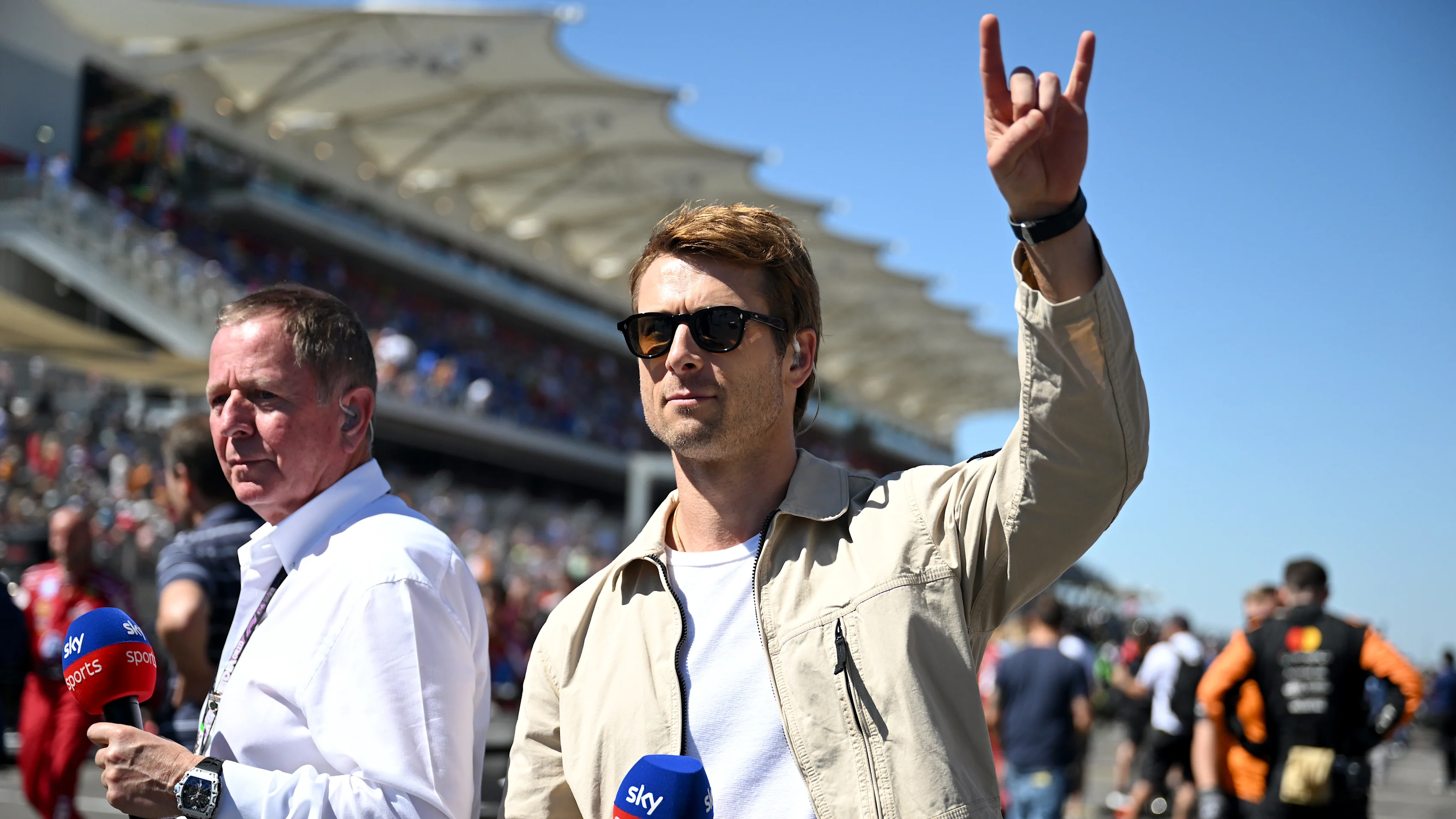 Glen Powell truly immersed himself into the weekend, even joining the grid walk on Sky Sports. Swipe for more images