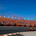 Verstappen celebrates with the Orange Army on his victory lap at the 2021 Dutch Grand Prix