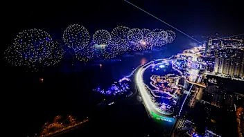 JEDDAH, SAUDI ARABIA - APRIL 20: Fireworks light the sky at the finish during the F1 Grand Prix of