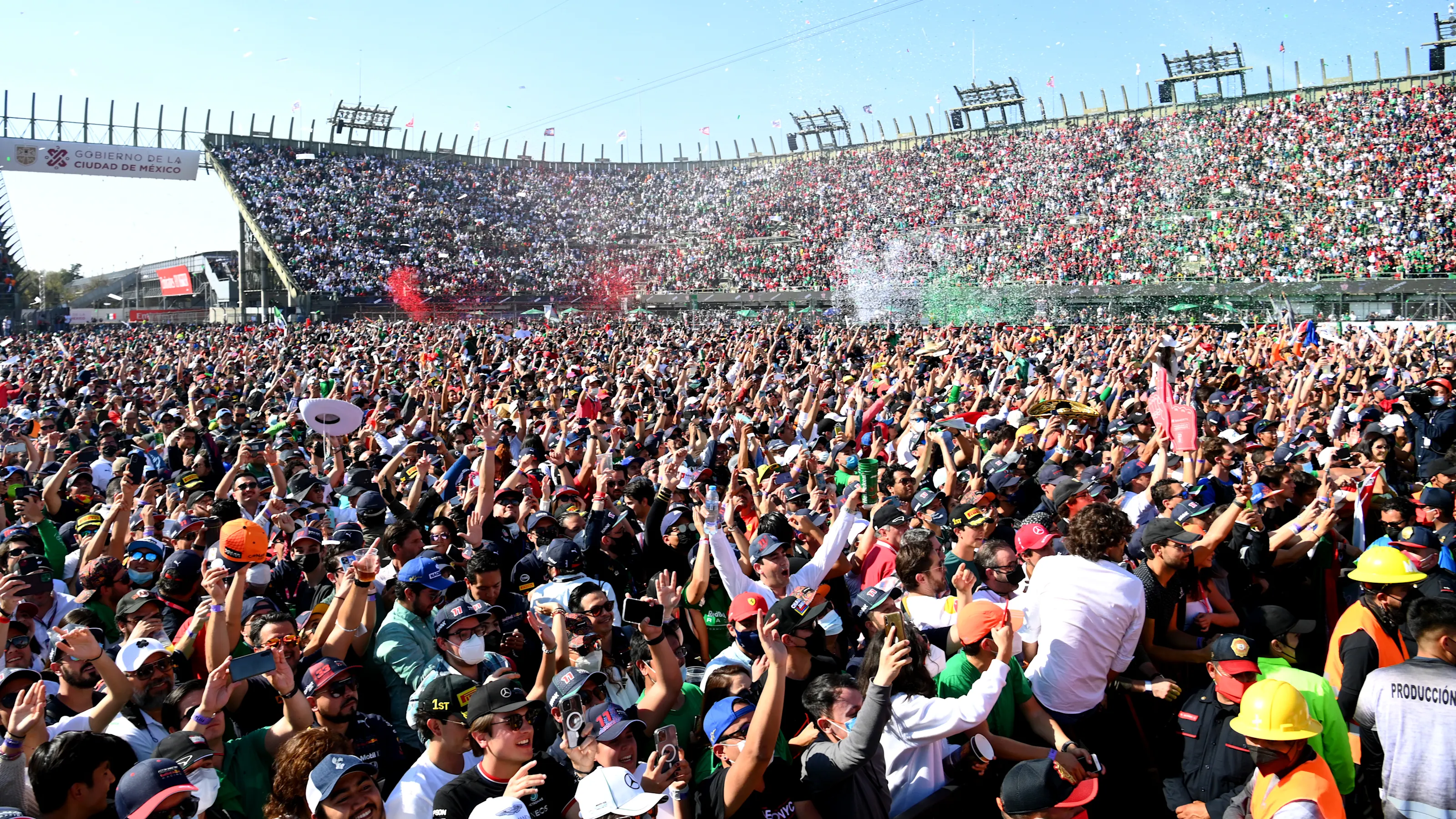 MEXICO CITY, MEXICO - NOVEMBER 07: Fans celebrate at the podium celebrations during the F1 Grand