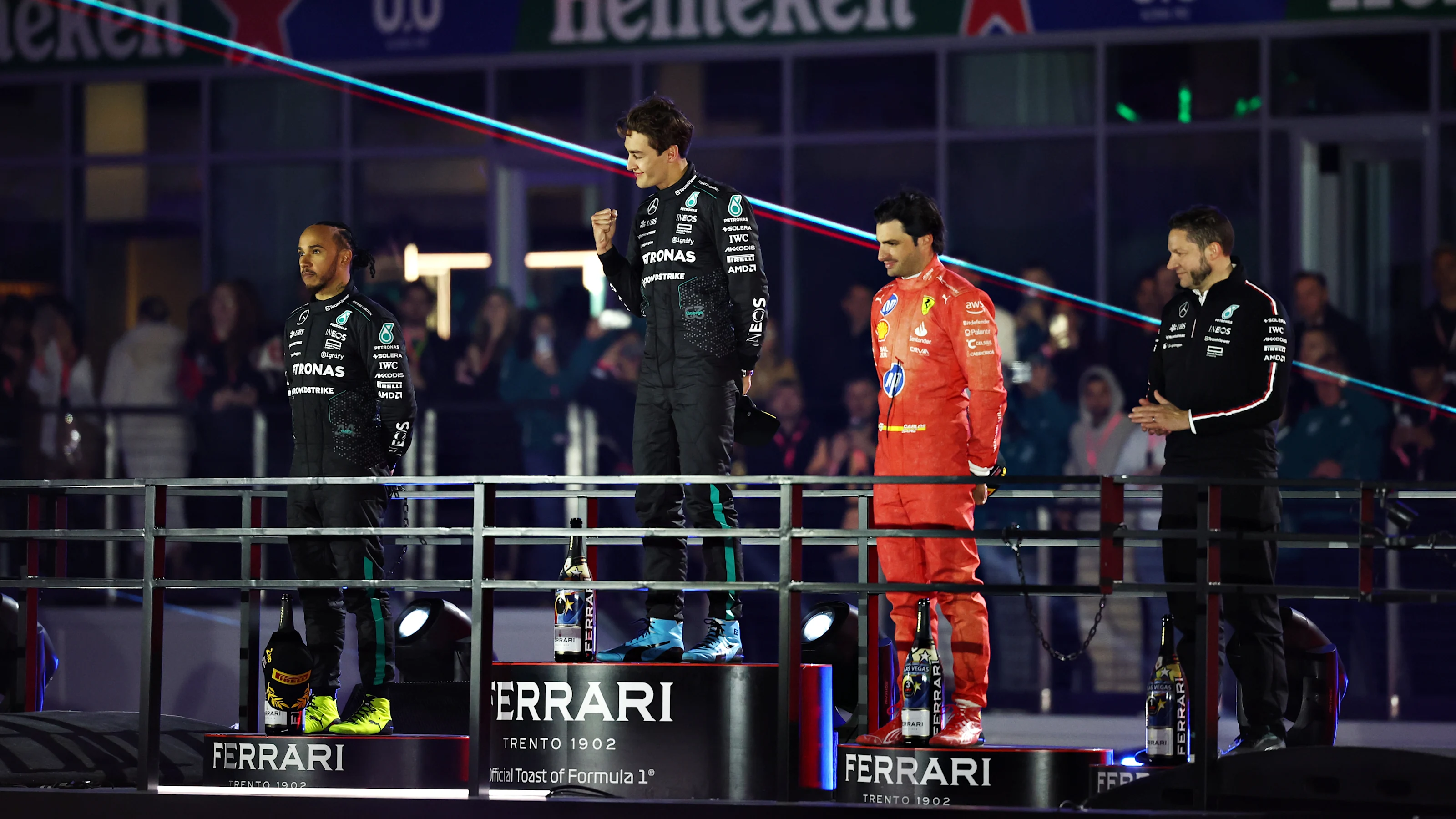 LAS VEGAS, NEVADA - NOVEMBER 23: Race winner George Russell of Great Britain and Mercedes, Second