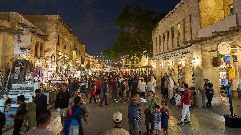Doha, Qatar, 07.12.2022: General view of the crowds on the streets in Souq Waqif during the FIFA