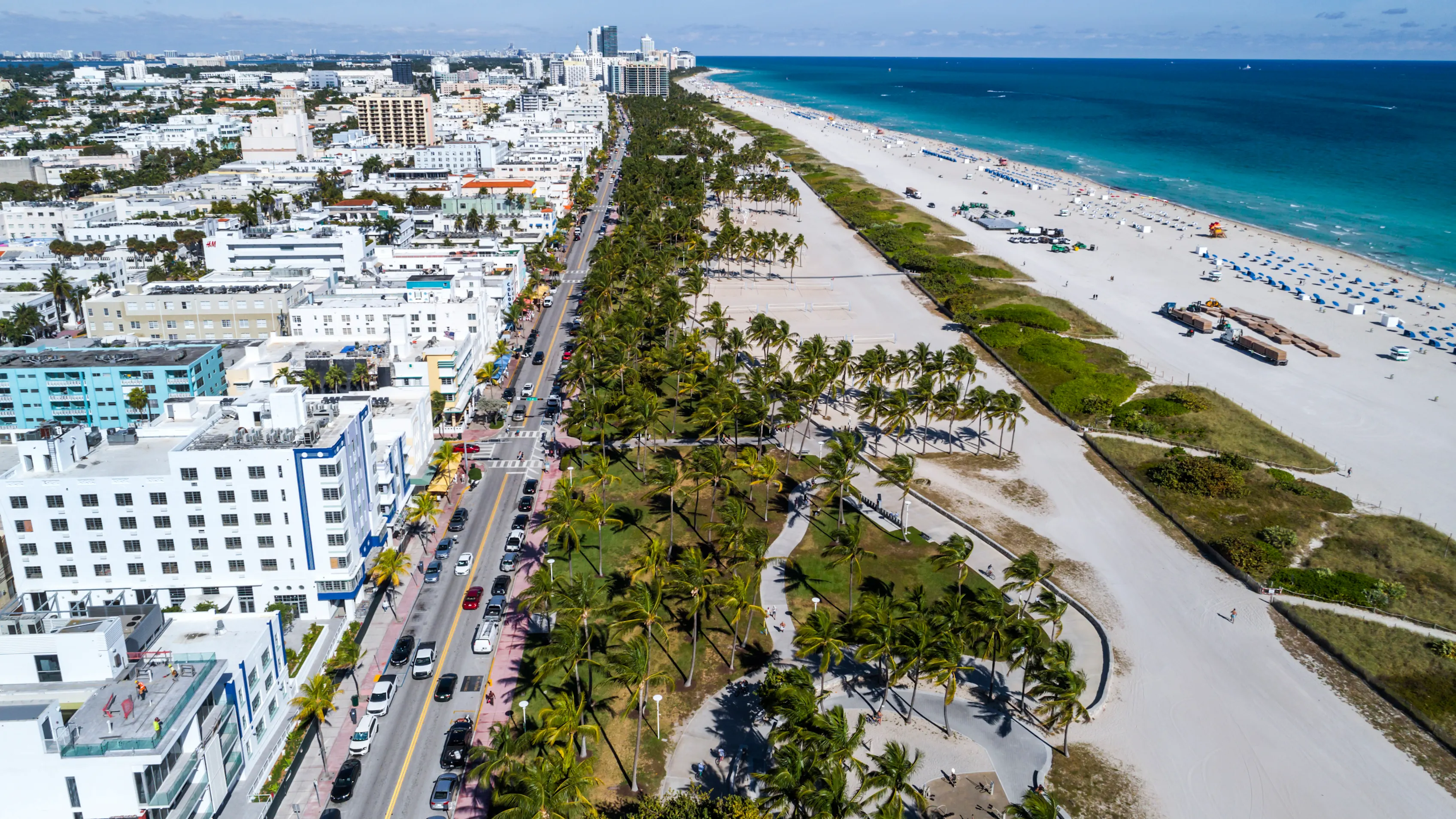 Florida, Miami Beach, aerial of Art Deco District hotels on Ocean Drive and Lummus Park. (Photo by: