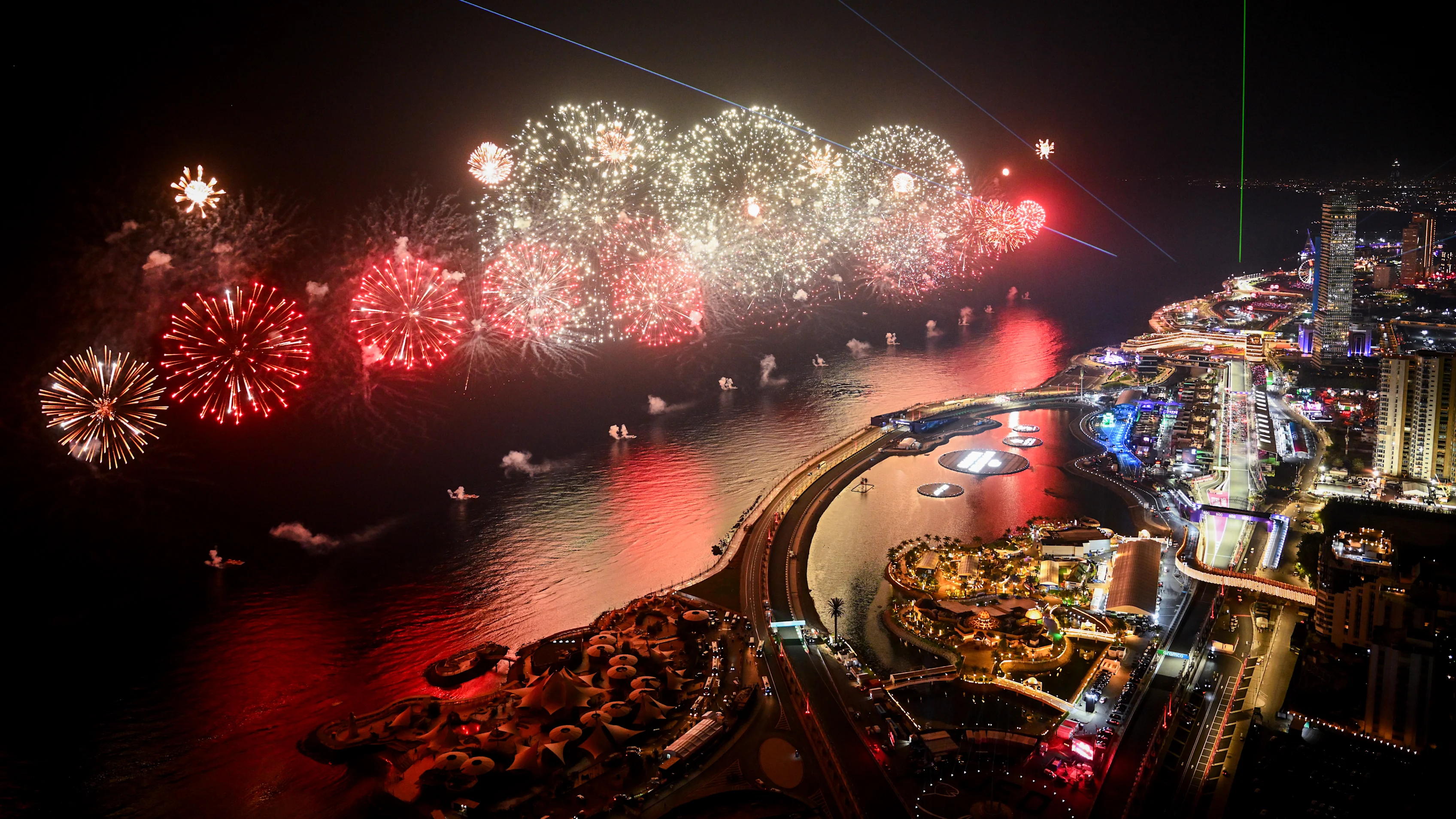 JEDDAH, SAUDI ARABIA - APRIL 20: Fireworks light the sky during the F1 Grand Prix of Saudi Arabia
