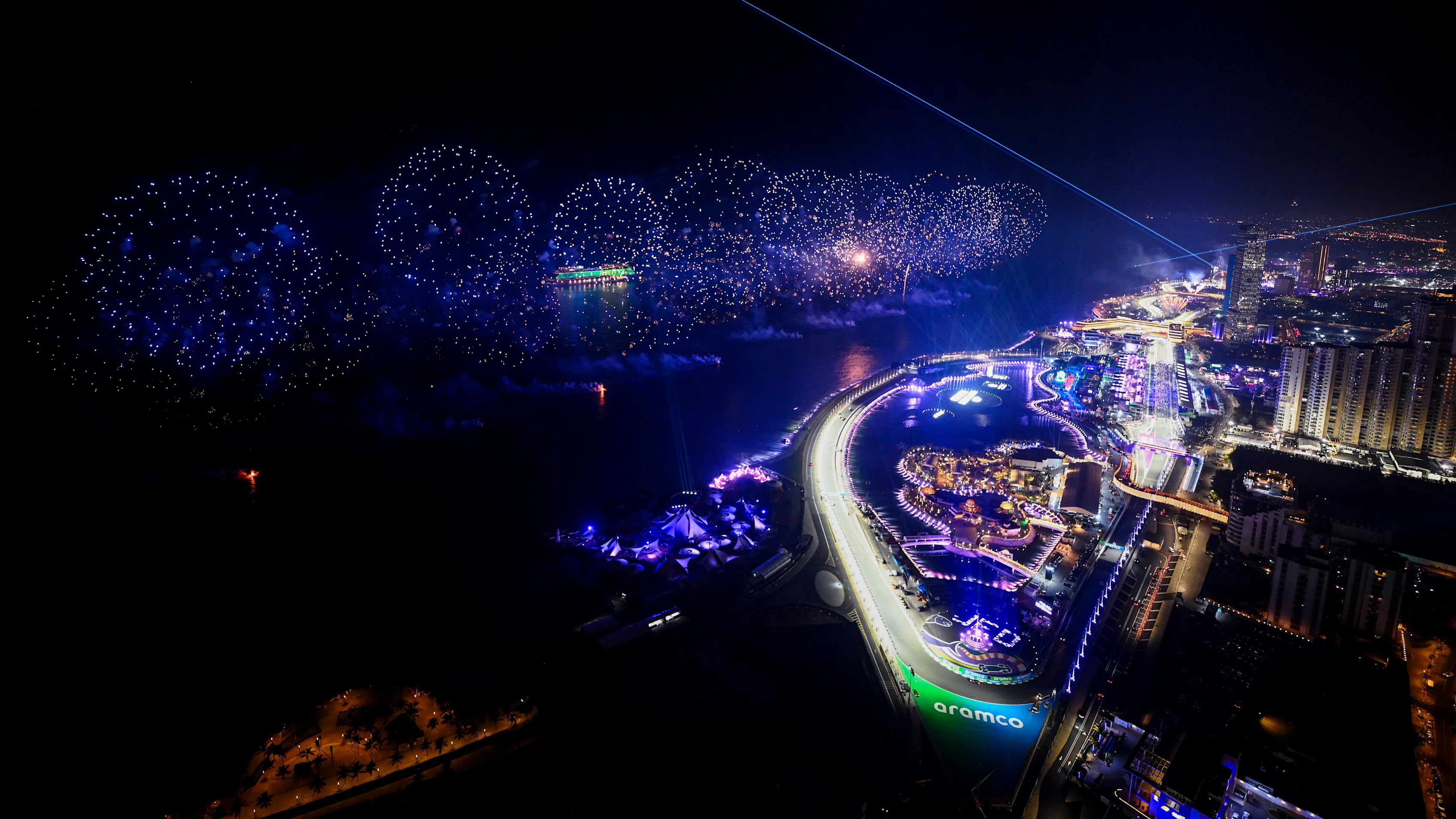 JEDDAH, SAUDI ARABIA - APRIL 20: Fireworks light the sky at the finish during the F1 Grand Prix of