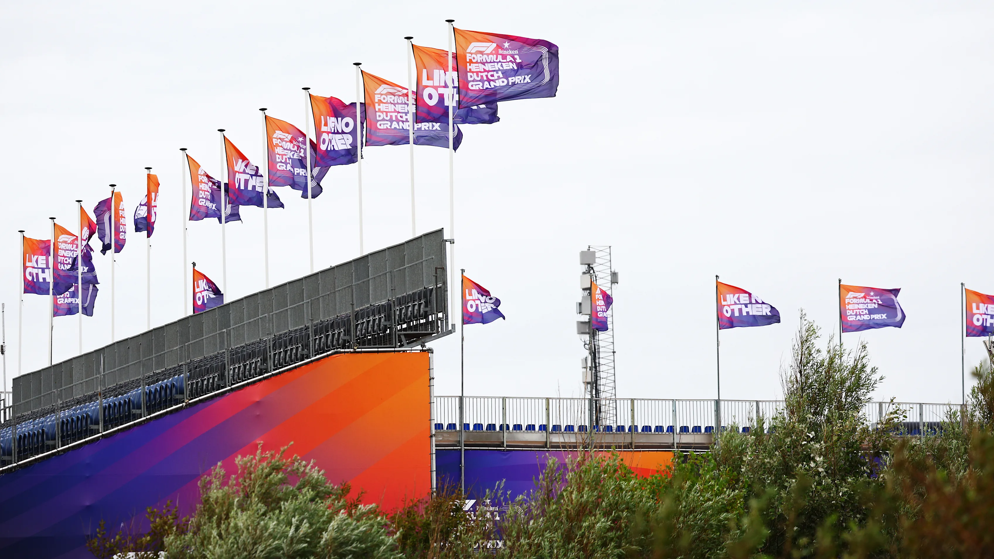ZANDVOORT, NETHERLANDS - AUGUST 22: F1 Grand Prix of Netherlands promotional flags blow in the wind