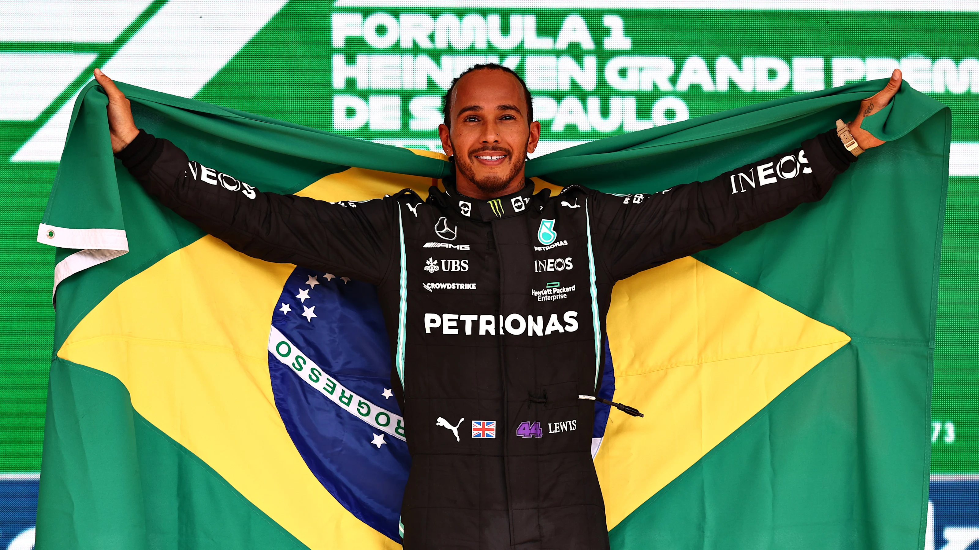 SAO PAULO, BRAZIL - NOVEMBER 14: Race winner Lewis Hamilton of Great Britain and Mercedes GP