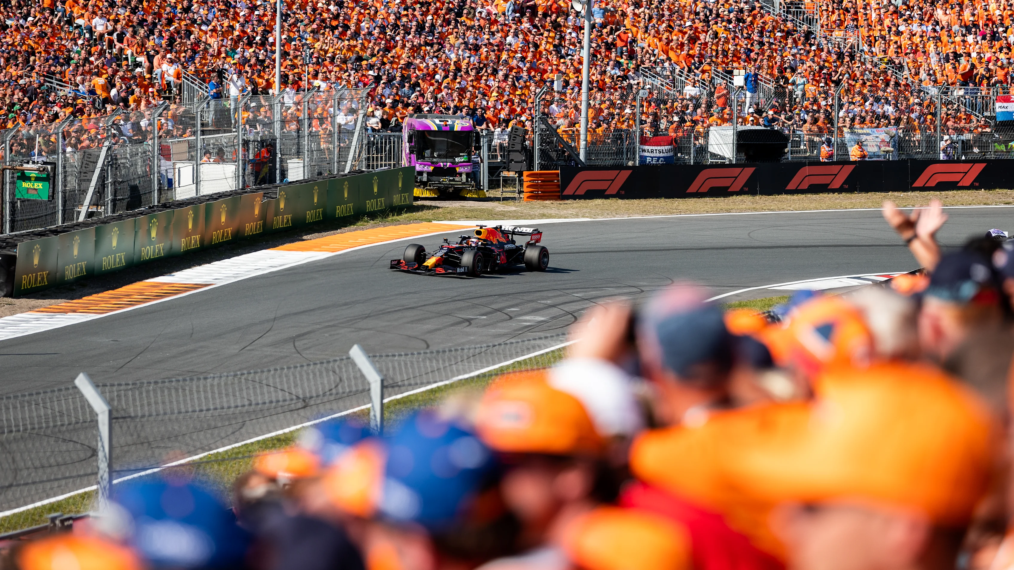 ZANDVOORT, NETHERLANDS - SEPTEMBER 05: Fans celebrate Max Verstappen of the Netherlands driving the