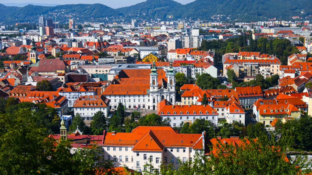 A view on a part of the urban skyline of the historic Old Town pictured from the Schlossberg