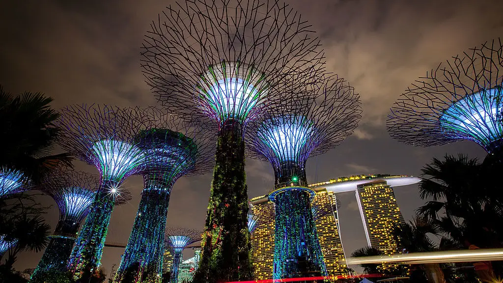 SINGAPORE - JULY 02: The Supertree Grove is illuminated during the Gardens by the Bay, Light and