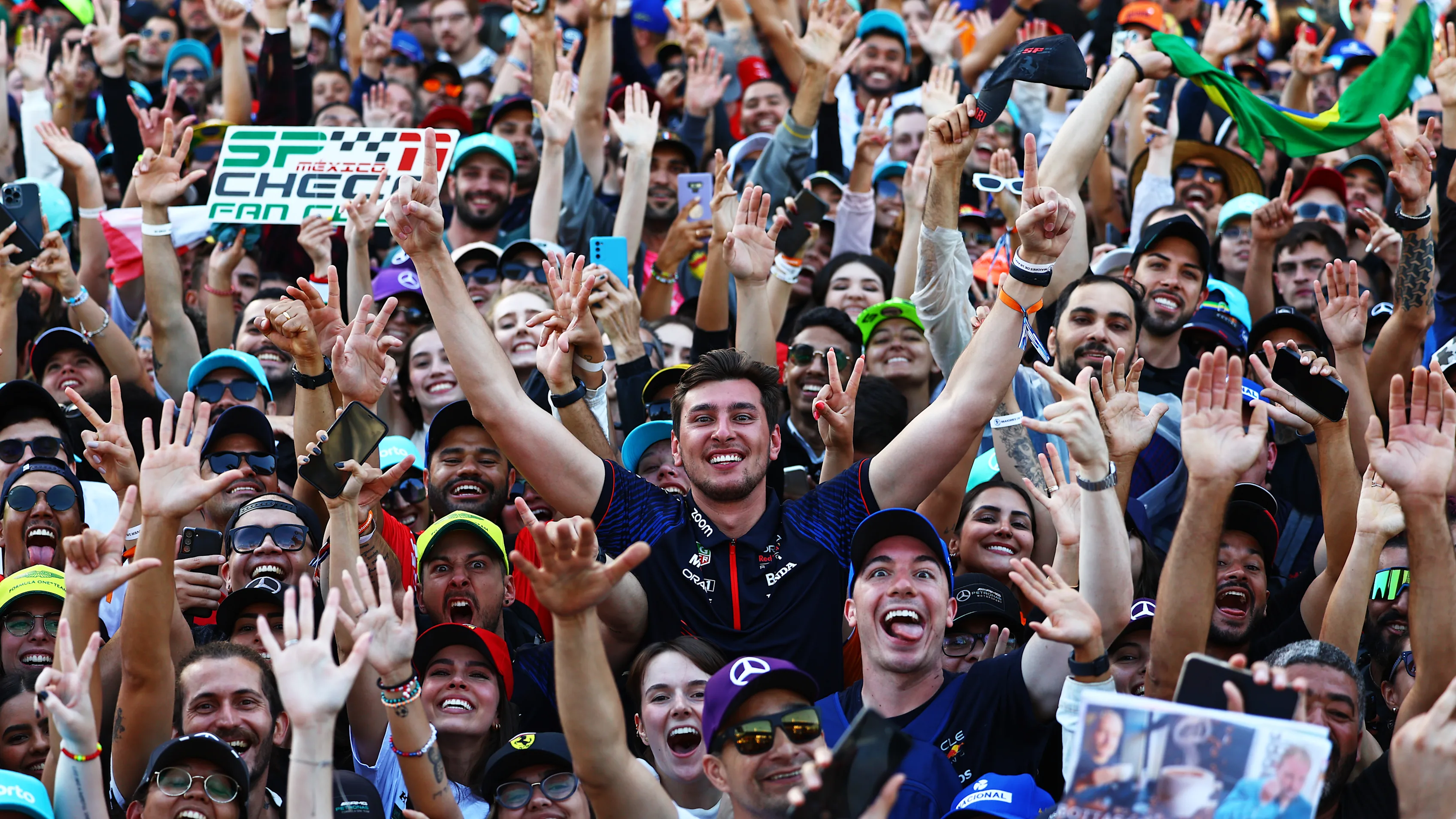 SAO PAULO, BRAZIL - NOVEMBER 05: Fans enjoy the podium celebrations during the F1 Grand Prix of