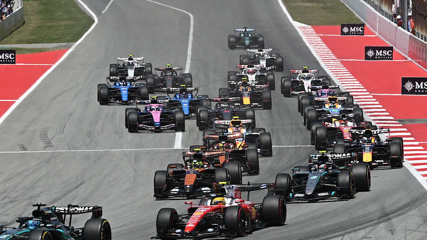 Audi and Cadillac cars in the field at Circuit de Barcelona-Catalunya in Spain, 2026. Illustrative Formula 1 photograph.