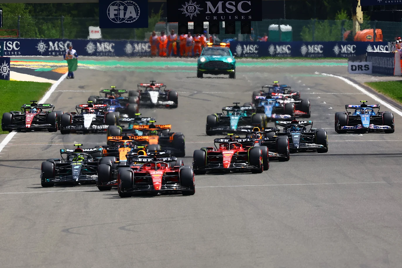 SPA, BELGIUM - JULY 30: Charles Leclerc of Monaco driving the (16) Ferrari SF-23 leads the field