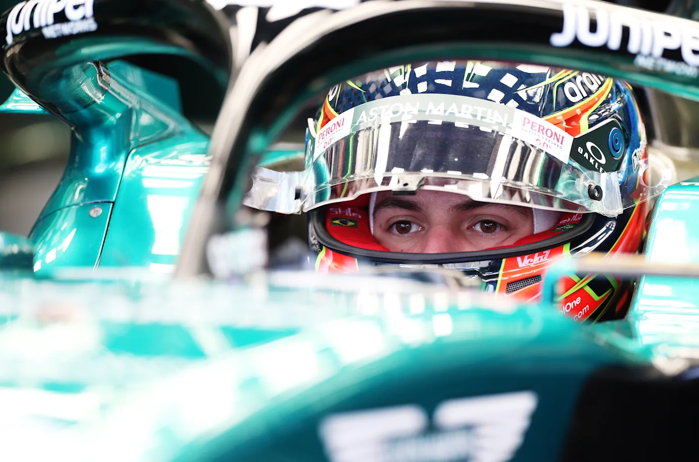 BAHRAIN, BAHRAIN - FEBRUARY 23: Felipe Drugovich of Brazil and Aston Martin F1 Team prepares to drive in the garage during day one of F1 Testing at Bahrain International Circuit on February 23, 2023 in Bahrain, Bahrain. (Photo by Peter Fox/Getty Images)