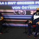Toyoharu Tanabe, F1 Technical Director, Honda, and Franz Tost, Team Principal, AlphaTauri, in the team principals Press Conference