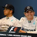 L to R): Lewis Hamilton (GBR) Mercedes AMG F1 (2nd) and Nico Rosberg (GER) Mercedes AMG F1 (pole position) in the post qualifying Press Conference. Formula One World Championship, Rd12, Belgian Grand Prix, Qualifying, Spa-Francorchamps, Belgium, Saturday, 23 August 2014 © Sutton Images. No reproduction without permission