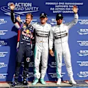 (L to R): Sebastian Vettel (GER) Red Bull Racing, pole sitter Nico Rosberg (GER) Mercedes AMG F1 and Lewis Hamilton (GBR) Mercedes AMG F1 celebrate in parc ferme. Formula One World Championship, Rd12, Belgian Grand Prix, Qualifying, Spa-Francorchamps, Belgium, Saturday, 23 August 2014 © Sutton Images. No reproduction without permission