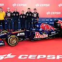 (L to R): Rob White (GBR) Renault Sport; Daniil Kvyat (RUS) Scuderia Toro Rosso; Franz Tost (AUT) Scuderia Toro Rosso Team Principal; Luca Furbotta (ITA) Scuderia Toro Rosso Chief Designer; James Key (GBR) Scuderia Toro Rosso Technical Director and Jean-Eric Vergne (FRA) Scuderia Toro Rosso unveil the Scuderia Toro Rosso STR9. Scuderia Toro Rosso STR9 Launch, Jerez, Spain, Monday, 27 January 2014. © Sutton Images