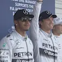 Williams' Valtteri Bottas (right) ends qualifying in third, the nearest challenger to Mercedes duo Nico Rosberg (centre, on pole) and Lewis Hamilton (left)© FOWC Ltd