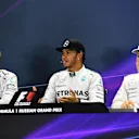 (L to R): Nico Rosberg (GER) Mercedes AMG F1, Lewis Hamilton (GBR) Mercedes AMG F1 and Valtteri Bottas (FIN) Williams in the Press Conference. Formula One World Championship, Rd16, Russian Grand Prix, Qualifying, Sochi Autodrom, Sochi, Krasnodar Krai, Russia, Saturday, 11 October 2014