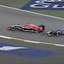 Adrian Sutil's Sauber is forced to retire after this collision with Jules Bianchi's Marussia. Stewards will investigate the incident. © FOWC Ltd