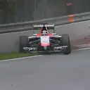 Jules Bianchi's Marussia is the first car to hit the wall in Canada in 2014. The Frenchman loses the rear exiting Turn 4, but is able to limp back to the pit lane. © FOWC Ltd