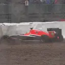 The weather claims another victim. This time it's the Marussia of Jules Bianchi that leaves the track and slides into the tyre wall. © FOWC Ltd