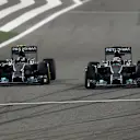 Lewis Hamilton (GBR) Mercedes AMG F1 W05 and Nico Rosberg (GER) Mercedes AMG F1 W05 battle. Formula One World Championship, Rd3, Bahrain Grand Prix, Race, Bahrain International Circuit, Sakhir, Bahrain, Sunday, 6 April 2014