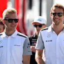 Kevin Magnussen (DEN) McLaren and Jenson Button (GBR) McLaren. Formula One World Championship, Rd11, Hungarian Grand Prix, Practice, Hungaroring, Hungary. Friday, 25 July 2014