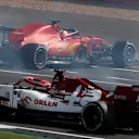 Ferrari driver Sebastian Vettel of Germany, top, spins off the track during the 70th Anniversary Formula One Grand Prix at the Silverstone circuit, Silverstone, England, Sunday, Aug. 9, 2020. (AP Photo/Frank Augstein, Pool)
