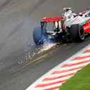 Heikki Kovalainen kicks up some sparks through Eau Rouge during the
2009 Belgian Grand Prix. © Sutton Motorsport Images