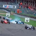 Damon Hill (Williams FW17 Renault) leads Jean Alesi (Ferrari 412T2) and a locking up Michael Schumacher (Benetton B195 Renault) into Copse at the start.
World Copyright - LAT Photographic