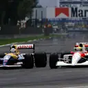 Second place finisher Nigel Mansell (GBR) Williams FW14 (left) and third place finisher Ayrton Senna (BRA) McLaren MP4/6 battle for position.
Mexican Grand Prix, Mexico City, 16 June 1991.
 © Sutton Motorsport Images