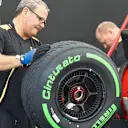 Pirelli engineers with green colored intermediates tyres at Formula One World Championship, Rd8, Austrian Grand Prix, Preparations, Spielberg, Austria, Thursday 18 June 2015. © Sutton Motorsport Images