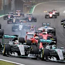 Nico Rosberg (GER) Mercedes AMG F1 W06 and Lewis Hamilton (GBR) Mercedes AMG F1 W06 battle at the start of the race at Formula One World Championship, Rd18, Brazilian Grand Prix, Race, Interlagos, Sao Paulo, Brazil, Sunday 15 November 2015. © Sutton Motorsport Images