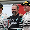 (L to R): Lewis Hamilton (GBR) Mercedes AMG F1, James Waddell (GBR) Mercedes AMG F1 Race Team Composite Technician, race winner Nico Rosberg (GER) Mercedes AMG F1 and Sebastian Vettel (GER) Ferrari celebrate on the podium at Formula One World Championship, Rd18, Brazilian Grand Prix, Race, Interlagos, Sao Paulo, Brazil, Sunday 15 November 2015. © Sutton Motorsport Images