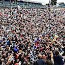 Race winner Lewis Hamilton (GBR) Mercedes AMG F1 celebrates with the fans at Formula One World Championship, Rd9, British Grand Prix, Race, Silverstone, England, Sunday 5 July 2015. © Sutton Motorsport Images