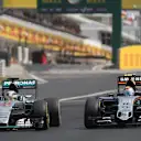 Lewis Hamilton (GBR) Mercedes AMG F1 W06 and Sergio Perez (MEX) Force India VJM08 battle at Formula One World Championship, Rd10, Hungarian Grand Prix, Race, Hungaroring, Hungary, Sunday 26 July 2015. © Sutton Motorsport Images