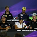 (L to R) Roberto Merhi (ESP) Marussia, Sergio Perez (MEX) Force India, Romain Grosjean (FRA) Lotus F1, Felipe Massa (BRA) Williams, Felipe Nasr (BRA) Sauber and Nico Hulkenberg (GER) Force India F1 in the press conference at Formula One World Championship, Rd10, Hungarian Grand Prix, Preparations, Hungaroring, Hungary, Thursday 23 July 2015. © Sutton Motorsport Images