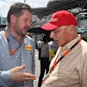 Paul Hembery (GBR) Pirelli Motorsport Director and Niki Lauda (AUT) Mercedes AMG F1 Non-Executive Chairman on the grid at Formula One World Championship, Rd2, Malaysian Grand Prix, Race, Sepang, Malaysia, Sunday 29 March 2015. © Sutton Motorsport Images