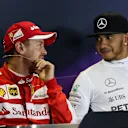 Lewis Hamilton (GBR) Mercedes AMG F1 and Sebastian Vettel (GER) Ferrari in the Press Conference at Formula One World Championship, Rd15, Russian Grand Prix, Race, Sochi Autodrom, Sochi, Krasnodar Krai, Russia, Sunday 11 October 2015. © Sutton Motorsport Images