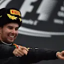 Sergio Perez (MEX) Force India celebrates on the podium at Formula One World Championship, Rd15, Russian Grand Prix, Race, Sochi Autodrom, Sochi, Krasnodar Krai, Russia, Sunday 11 October 2015. © Sutton Motorsport Images