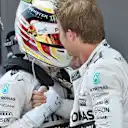 Race winner Nico Rosberg (GER) Mercedes AMG F1 celebrates in parc ferme with Lewis Hamilton (GBR) Mercedes AMG F1 at Formula One World Championship, Rd5, Spanish Grand Prix Qualifying, Barcelona, Spain, Saturday 9 May 2015. © Sutton Motorsport Images
