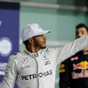 Pole sitter Lewis Hamilton (GBR) Mercedes AMG F1 celebrates in parc ferme at Formula One World Championship, Rd21, Abu Dhabi Grand Prix, Qualifying, Yas Marina Circuit, Abu Dhabi, UAE, Saturday 26 November 2016. © Sutton Images
